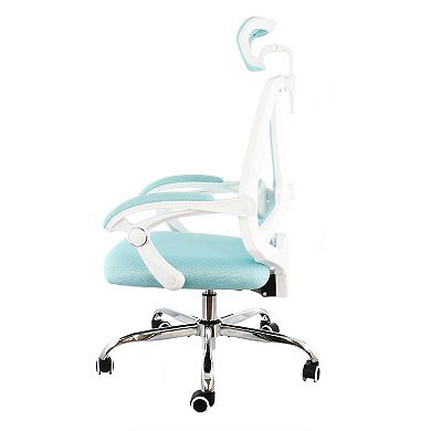 Elama Full Back Mesh Adjustable Office Chair with Headrest in Blue with White Frame