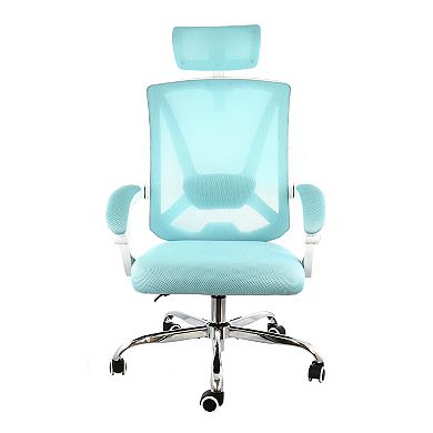 Elama Full Back Mesh Adjustable Office Chair with Headrest in Blue with White Frame