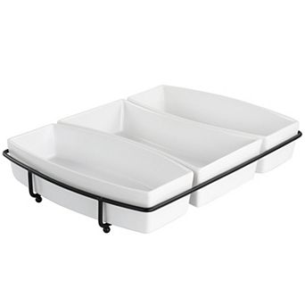 4 pc Stoneware Tidbit Dish with Metal Rack Serving Set in White