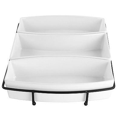 4 Piece Stoneware Tidbit Dish with Metal Rack Serving Set in White