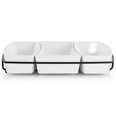 4 Piece Stoneware Tidbit Dish with Metal Rack Serving Set in White