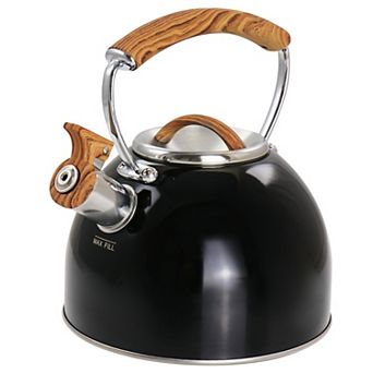 2-qt Stainless Steel Whistling Tea Kettle with Wood Pattern Handle in Black