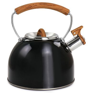 2 Quart Stainless Steel Whistling Tea Kettle with Wood Pattern Handle in Black