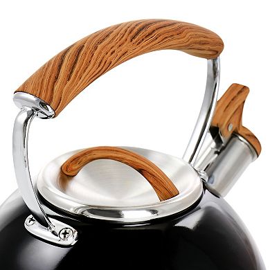 2 Quart Stainless Steel Whistling Tea Kettle with Wood Pattern Handle in Black