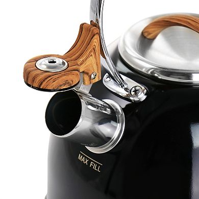 2 Quart Stainless Steel Whistling Tea Kettle with Wood Pattern Handle in Black