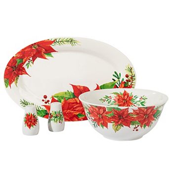 4 pc Ceramic Serving Set in White With Poinsettia Decorations