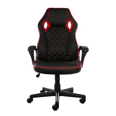 Elama High Back Adjustable Faux Leather Office Chair in Black and Red Trim