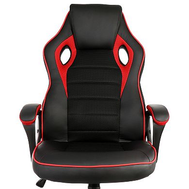Elama High Back Adjustable Faux Leather Office Chair with Mesh and Fabric in Black and Red Trim