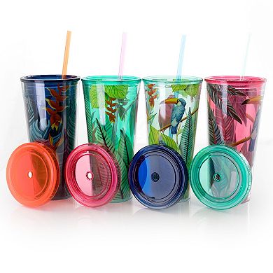 4 Piece 23.6 Ounce Double Wall Tumbler Set with Straw in Assorted Designs