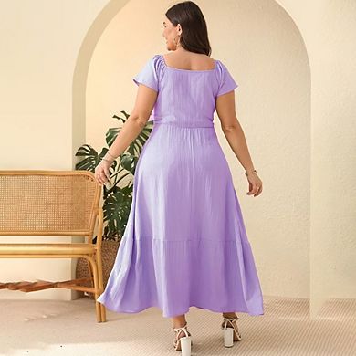 Women Plus Size Boho Maxi Dress Short Sleeves High Waist Ruffle Casual Summer Dress with Pockets