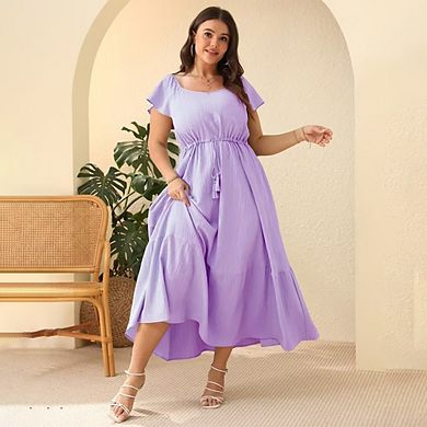 Women Plus Size Boho Maxi Dress Short Sleeves High Waist Ruffle Casual Summer Dress with Pockets