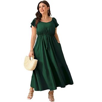 Women Plus Size Boho Maxi Dress Short Sleeves High Waist Ruffle Casual Summer Dress with Pockets