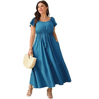 Women Plus Size Boho Maxi Dress Short Sleeves High Waist Ruffle Casual Summer Dress with Pockets