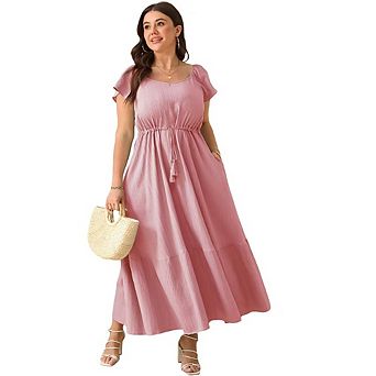 Women Plus Size Boho Maxi Dress Short Sleeves High Waist Ruffle Casual Summer Dress with Pockets