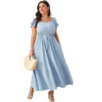 Women Plus Size Boho Maxi Dress Short Sleeves High Waist Ruffle Casual Summer Dress with Pockets