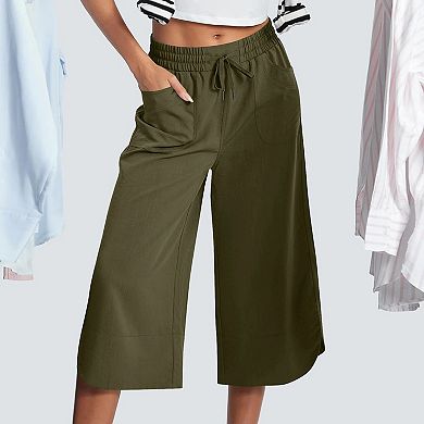 Womens Capri Pants High Waisted Wide Leg Lounge Pants Drawstring Palazzo Trousers with Pockets