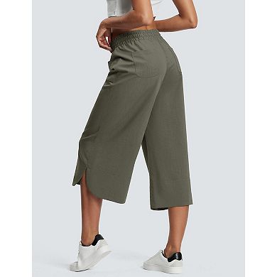 Womens Capri Pants High Waisted Wide Leg Lounge Pants Drawstring Palazzo Trousers with Pockets