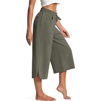 Womens Capri Pants High Waisted Wide Leg Lounge Pants Drawstring Palazzo Trousers with Pockets