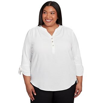Plus Size Alfred Dunner Tie Sleeve Crinkle Textured Henley Top