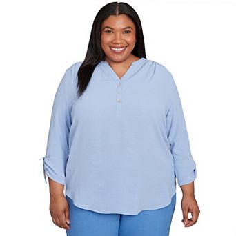 Plus Size Alfred Dunner Tie Sleeve Crinkle Textured Henley Top