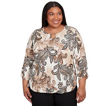 Plus Size Alfred Dunner Textured Paisley Ruched Sleeves Top