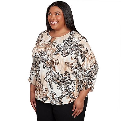 Plus Size Alfred Dunner Textured Paisley Ruched Sleeves Top