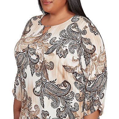 Plus Size Alfred Dunner Textured Paisley Ruched Sleeves Top