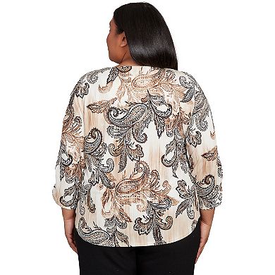 Plus Size Alfred Dunner Textured Paisley Ruched Sleeves Top