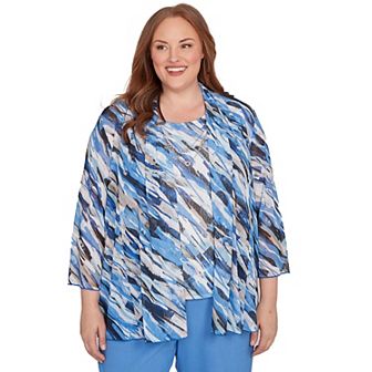Plus Size Alfred Dunner Textured Mesh Printed Two-in-One Top with Necklace