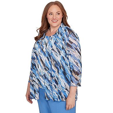 Plus Size Alfred Dunner Textured Mesh Printed Two-in-One Top with Necklace