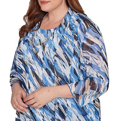 Plus Size Alfred Dunner Textured Mesh Printed Two-in-One Top with Necklace