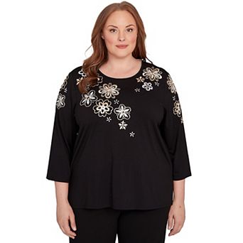 Plus Size Alfred Dunner Gold Floral Embroidered Three Quarter Sleeve Top