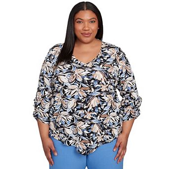 Plus Size Alfred Dunner Tie Sleeve Brushstroke Floral Knit Top