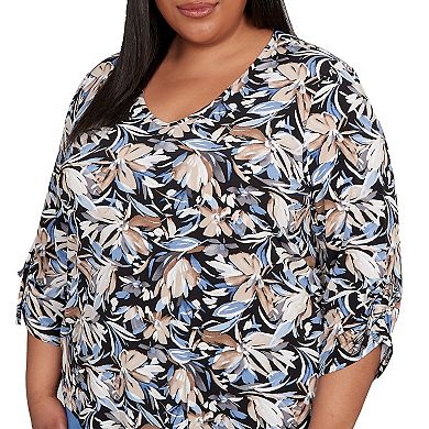 Plus Size Alfred Dunner Tie Sleeve Brushstroke Floral Knit Top
