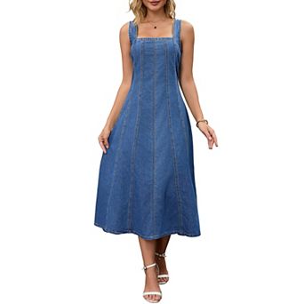 Women's Sleeveless Denim Dresses Square Neck Cute Swing A Line Midi Dresses
