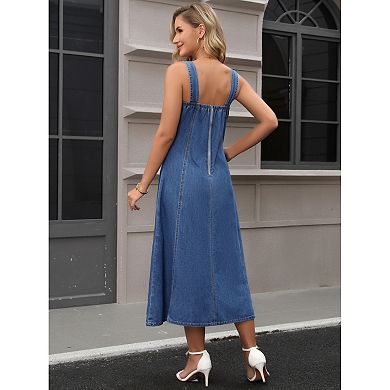 Women's Sleeveless Denim Dresses Square Neck Cute Swing A Line Midi Dresses
