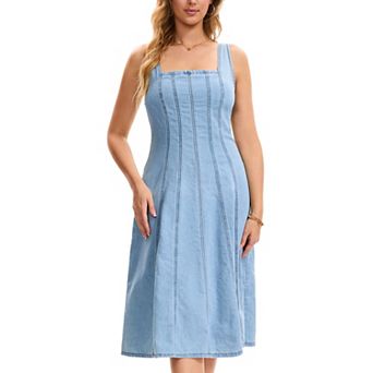 Women's Sleeveless Denim Dresses Square Neck Cute Swing A Line Midi Dresses