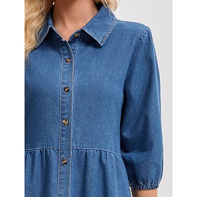 Women's Denim Dress Puffy 3/4 Sleeve Button Up Collar A Line Swing Ruffle  Tiered Midi Jean Dresses