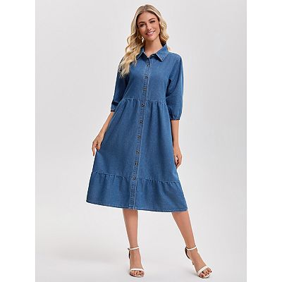 Women's Denim Dress Puffy 3/4 Sleeve Button Up Collar A Line Swing Ruffle  Tiered Midi Jean Dresses