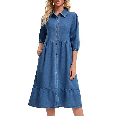 a line jean dress Inspire Chic Women's Jean Dresses Button Up Collar Long Sleeve Pockets A Line Knee Length Denim Dress XL Blue