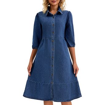 Women's Denim Dress Puff 3/4 Sleeve Button Up Collar A Line Swing Ruffle Tiered Midi Jean Dresses