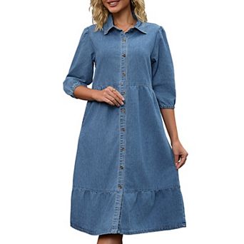 Women's Denim Dress Puff 3/4 Sleeve Button Up Collar A Line Swing Ruffle Tiered Midi Jean Dresses