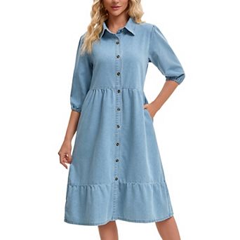 Women's Denim Dress Puffy 3/4 Sleeve Button Up Collar A Line Swing Ruffle Tiered Midi Jean Dresses