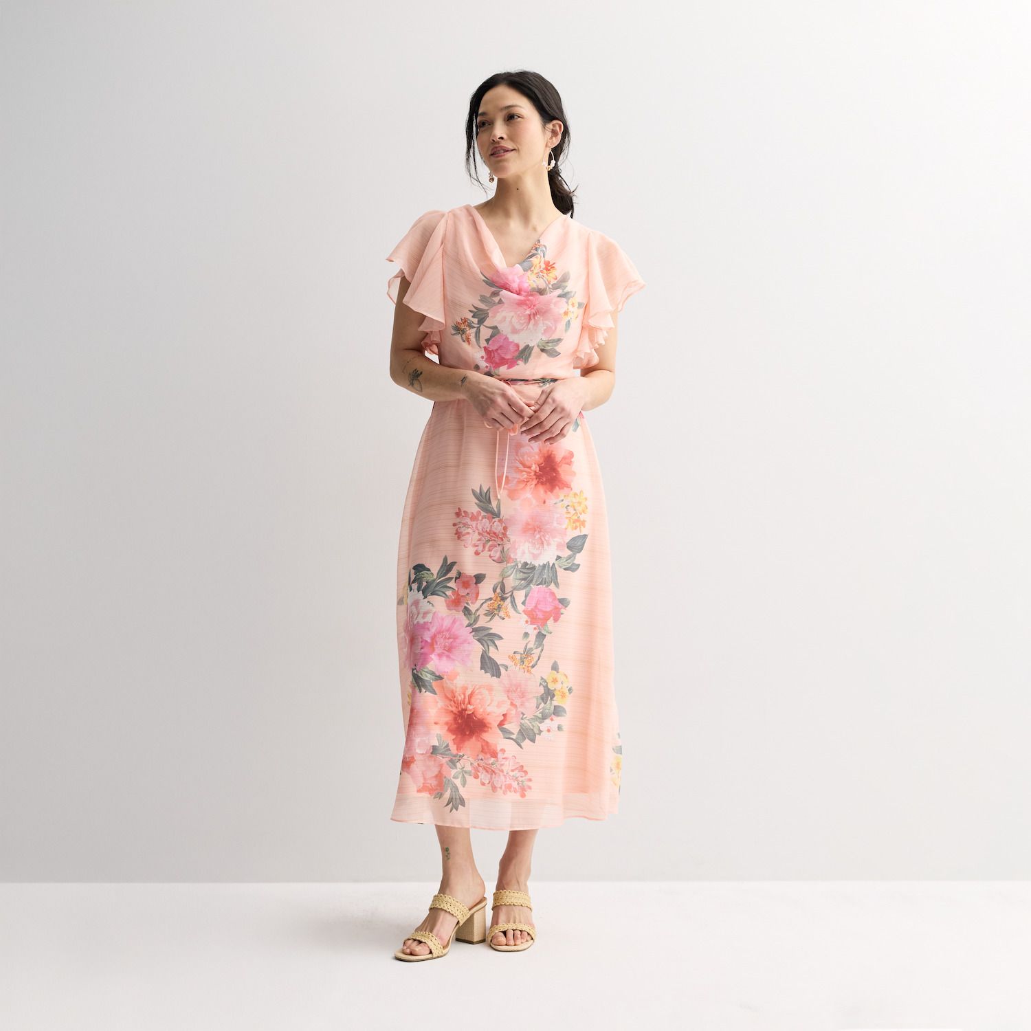 Женские платья Maison Tara Cowl Neck Floral Print Chiffon Midi Dress