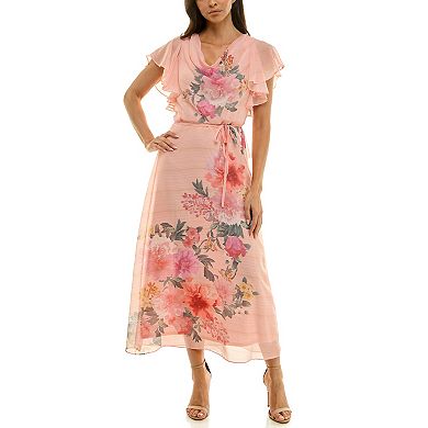 Women's Maison Tara Cowl Neck Floral Print Chiffon Midi Dress