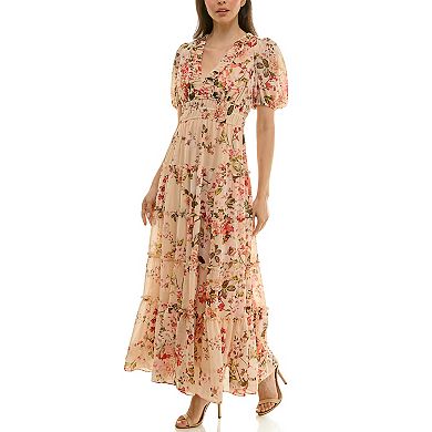 Women's Maison Tara Ruffle V-Neck Tiered Chiffon Maxi Dress