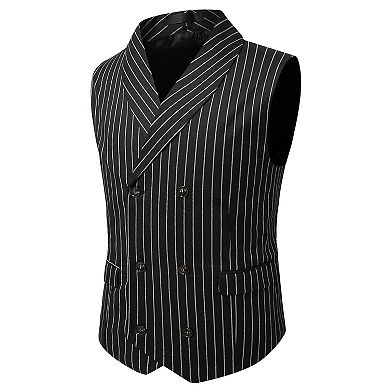 Mens Pinstripe Vest Double-Breasted Slim Fit Business Shawl Lapel Waistcoat