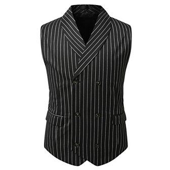 Mens Pinstripe Vest Double-Breasted Slim Fit Business Shawl Lapel Waistcoat