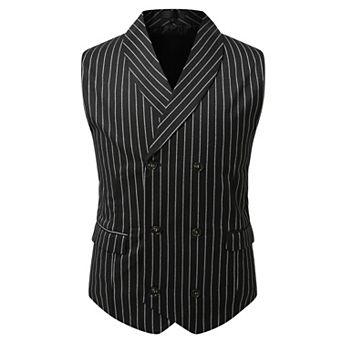 Mens Pinstripe Vest Double-Breasted Slim Fit Business Shawl Lapel Waistcoat