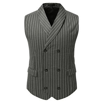 Mens Pinstripe Vest Double-Breasted Slim Fit Business Shawl Lapel Waistcoat